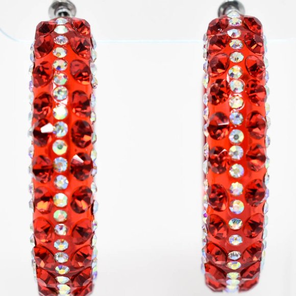 2" Clear Red AB/Red Lucite Rhinestone Hoop Earring - Picture 3 of 11